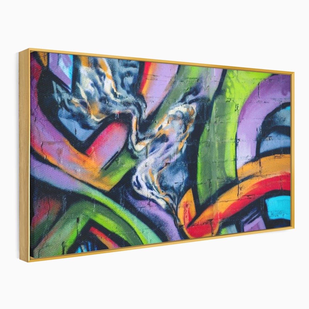 Tablou canvas cu tablou canvas cu graffiti abstract colorat, in rama de aluminiu auriu